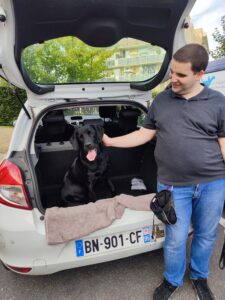 Themis est dans le coffre d'une voiture, assise, a côté de son bénéficiaire