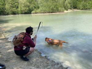 Ouragan, les pattes dans l'eau turquoise avec son maitre au bord