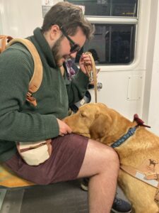 Ouragan, pose le museau sur les jambes de son maitre dans les transports