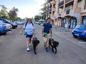Toscane guide sa bénéficiaire a côté d'un autre couple bénéficiaire/chien-guide