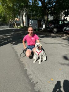 Alba labrador sable 8 mois, fille de notre regretté Peach et Scratchy, pose avec sa FA au tshirt rose