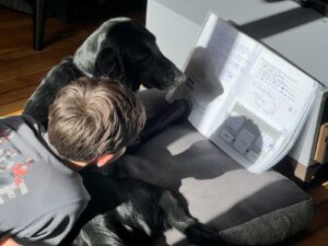 Valia flatcoat noire est couchée a coté d'un enfant devant un cahier ouvert